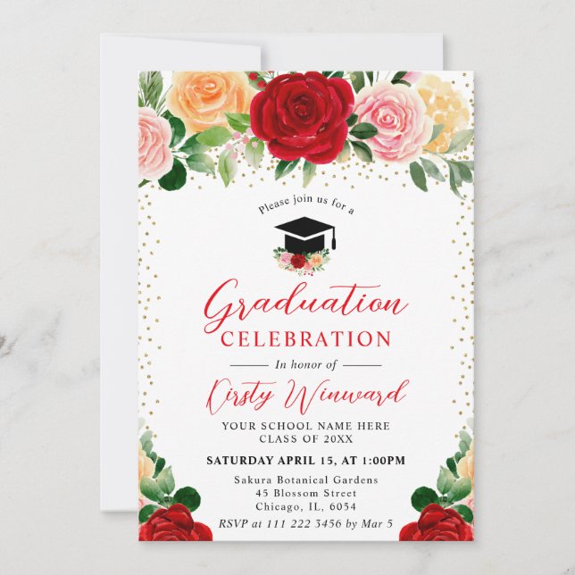 Watercolor Red and Yellow Roses Graduation Invitation (Front)