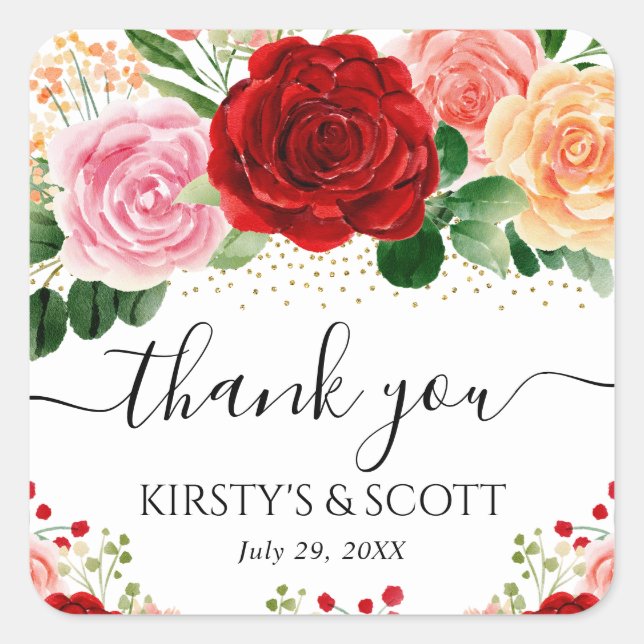 Watercolor Red and Yellow Roses Wedding Square Sticker (Front)