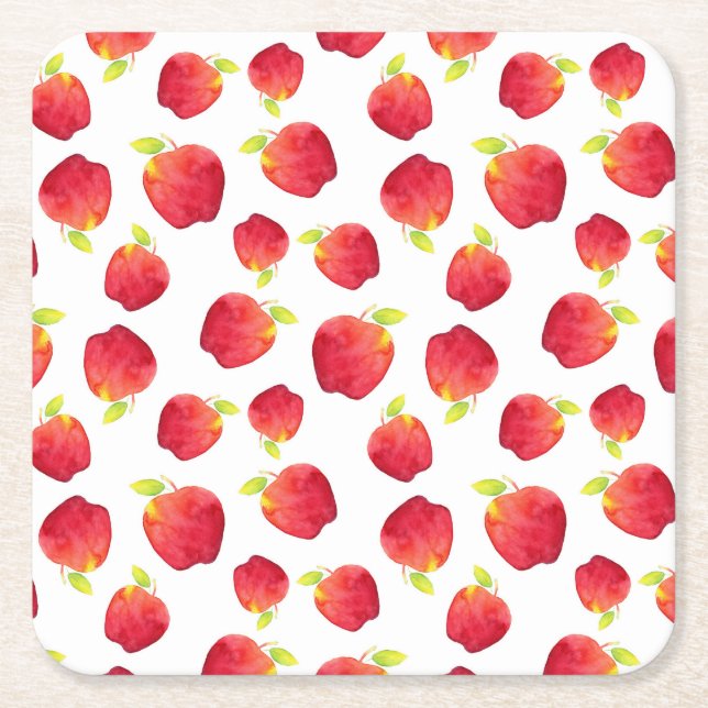 Watercolor Red Apple Pattern Square Paper Coaster (Front)
