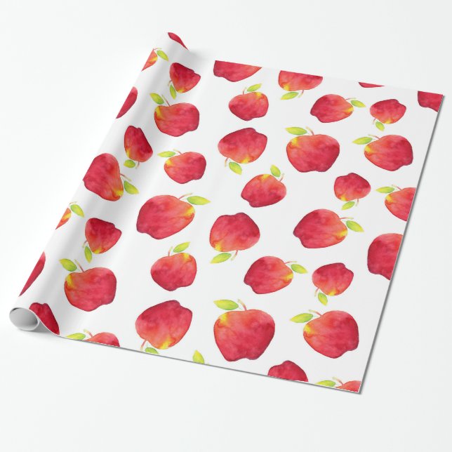 Watercolor Red Apple Pattern Wrapping Paper (Unrolled)