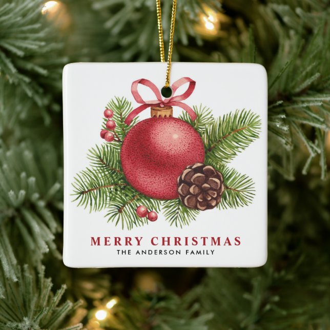 Watercolor Red Ball Bauble Merry Christmas Ceramic Ornament (Tree)