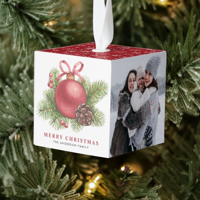 Watercolor Red Ball Bauble Photo Christmas Cube Ornament (Tree)
