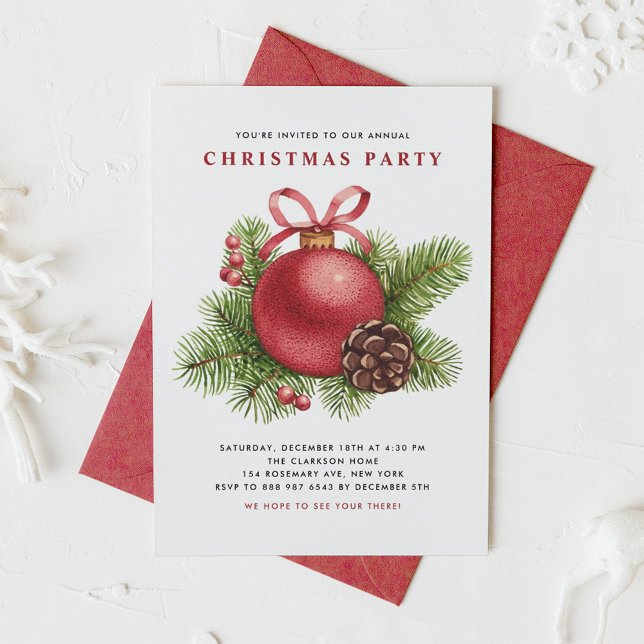 Watercolor Red Ball Ornament Christmas Party Invitation (Creator Uploaded)