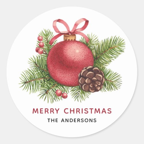 Watercolor Red Ball Ornament Merry Christmas Classic Round Sticker