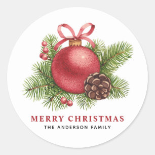 Watercolor Red Ball Ornament Merry Christmas Classic Round Sticker