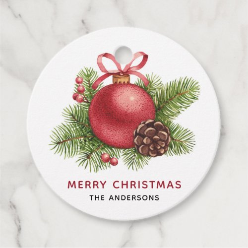 Watercolor Red Ball Ornament Merry Christmas Favor Tags