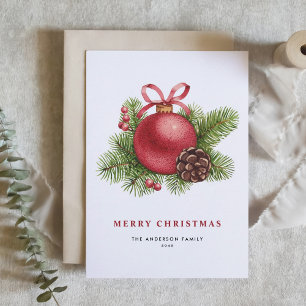 Watercolor Red Ball Ornament Merry Christmas Holiday Card