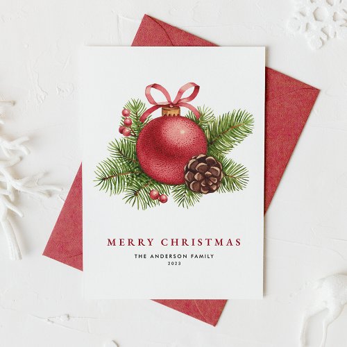 Watercolor Red Ball Ornament Merry Christmas Holiday Card