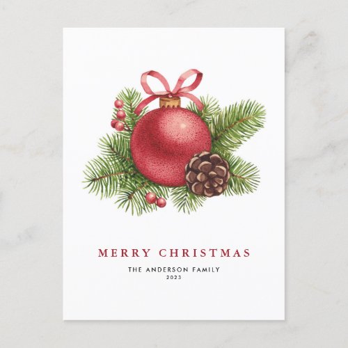 Watercolor Red Ball Ornament Merry Christmas Holiday Postcard