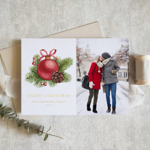 Watercolor Red Ball Ornament Photo Christmas Foil Holiday Card