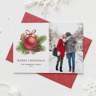 Watercolor Red Ball Ornament Photo Christmas Holiday Card