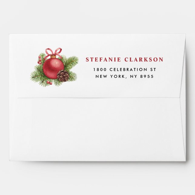 Watercolor Red Ball Ornament White Christmas Envelope (Back (Top Flap))