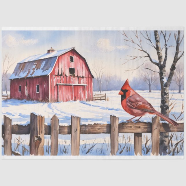 Watercolor Red Barn and Cardinal Winter Decoupage Tissue Paper (Front)