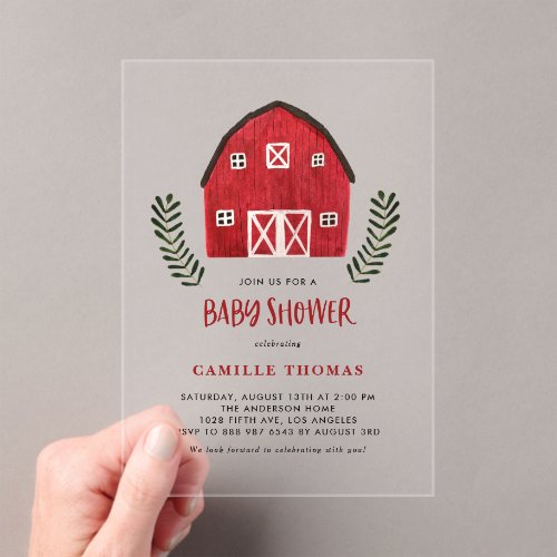Watercolor Red Barn Country Farmhouse Baby Shower Acrylic Invitations