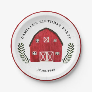 Watercolor Red Barn Farmhouse Birthday Party Paper Plates