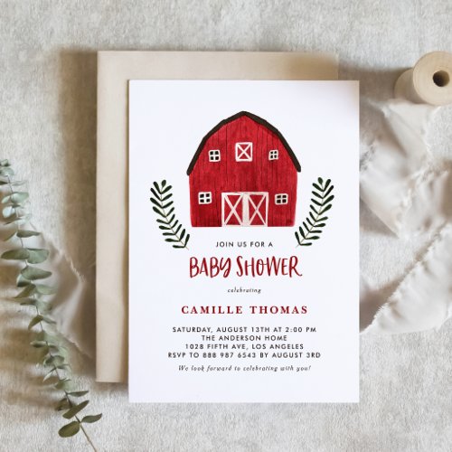 Watercolor Red Barn Farmhouse Country Baby Shower Invitation