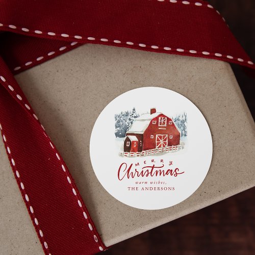 Watercolor Red Barn Merry Christmas Classic Round Sticker