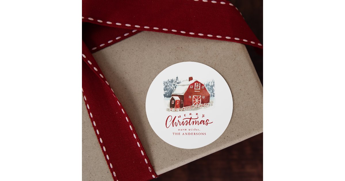 Watercolor Red Barn Merry Christmas Classic Round Sticker | Zazzle