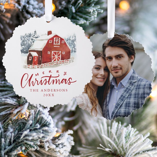 Watercolor Red Barn Merry Christmas Photo Ornament Card (Creator Uploaded)