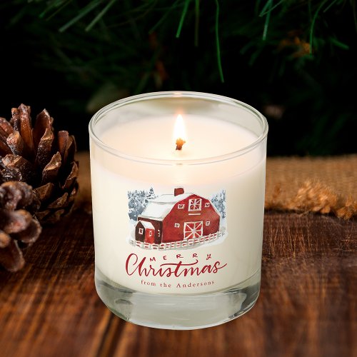 Watercolor Red Barn Merry Christmas Scented Candle