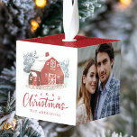 Watercolor Red Barn Photo Cube Ornament<br><div class="desc">Rustic holiday photo ornament featuring a hand-painted red barn with snow-covered trees in the background. "Merry Christmas" in a dark red, hand-lettered script. Personalize the red barn Christmas ornament by adding your family name and 3 of your favorite photos. The holiday red barn ornament displays a red and white snow...</div>