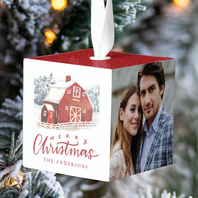 Watercolor Red Barn Photo Cube Ornament (Creator Uploaded)