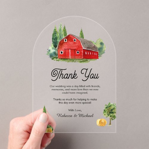 Watercolor Red Barn Rural Farm Wedding Thank You Acrylic Invitations