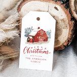 Watercolor Red Barn Winter Scene Holiday Gift Tags<br><div class="desc">Rustic holiday gift tags featuring a hand-painted red barn,  snow-covered pine trees in the background,  and "Merry Christmas" in a red,  hand-lettered script. Personalize the red barn holiday gift tags by adding your names or custom text below. The holiday gift tag reverses to red background with white dots.</div>