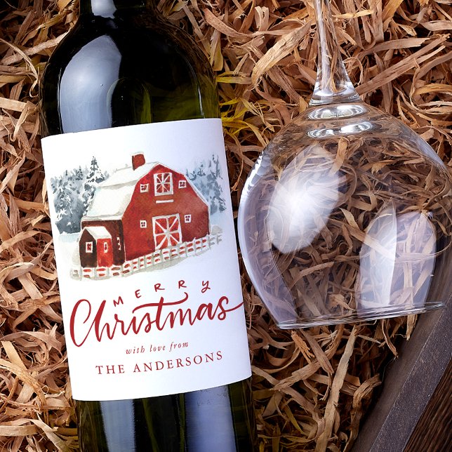 Watercolor Red Barn Winter Scene Holiday Wine Label (Creator Uploaded)