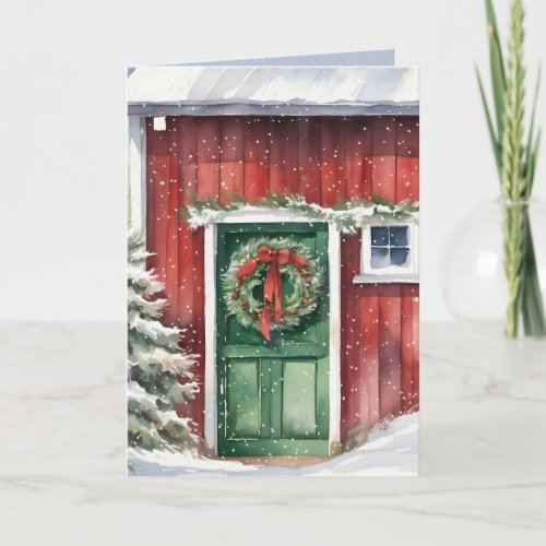 Watercolor Red Barn With Green Door Holiday Card