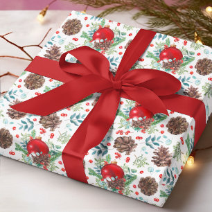 Watercolor Red Baubles Pinecones Christmas Floral Wrapping Paper