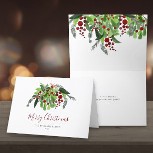 Watercolor Red Berries Greenery Christmas  Holiday Card