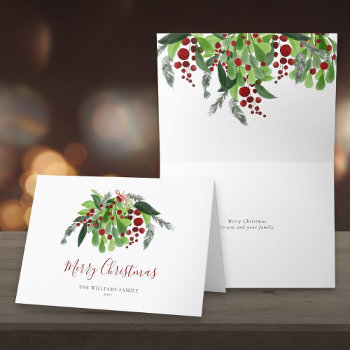 Watercolor Red Berries Greenery Christmas  Holiday Card by thisisnotmedesigns at Zazzle
