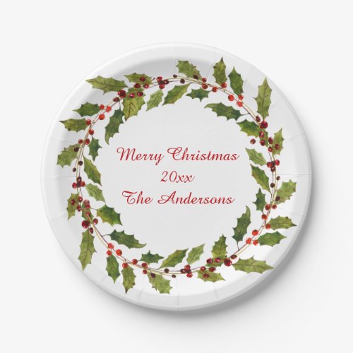 Watercolor Red Berries Holly Merry Christmas Paper Plates