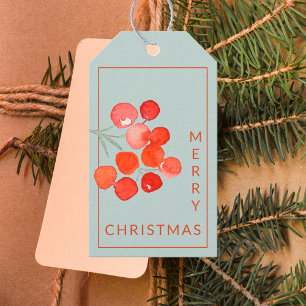 Watercolor Red Berries Merry Christmas Blue Mint Gift Tags