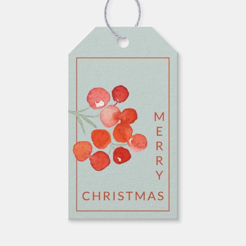 Watercolor Red Berries Merry Christmas Blue Mint Gift Tags