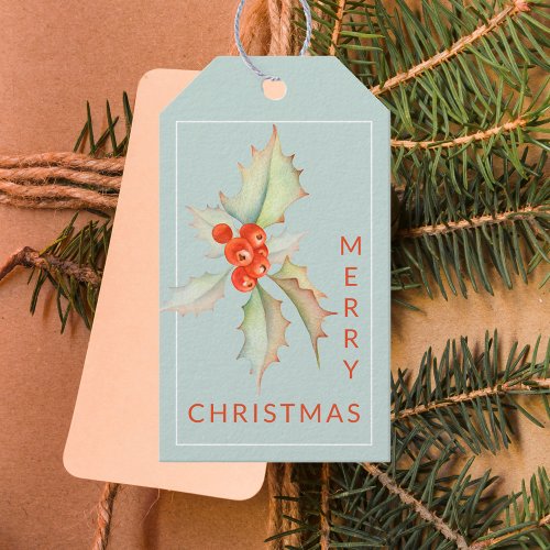 Watercolor red berries Merry Christmas dusty blue Gift Tags