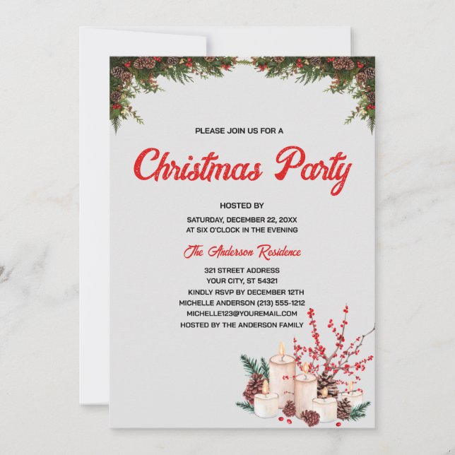 Watercolor Red Berries, tree pine Christmas Party Invitation (Front)