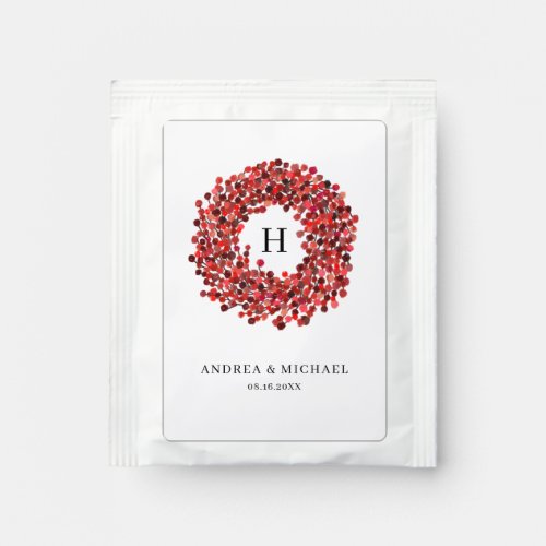 Watercolor Red Berries Wreath Monogram Wedding Tea Bag Drink Mix