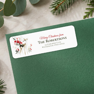 Watercolor Red Berry Christmas Deer Floral Address Label