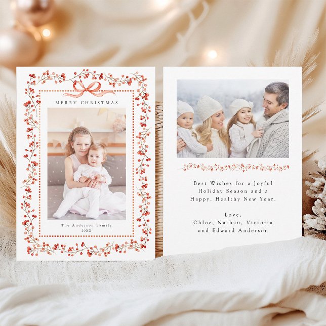 Watercolor Red Berry Frame 2 Photo Christmas  Holiday Card (Front & Back)