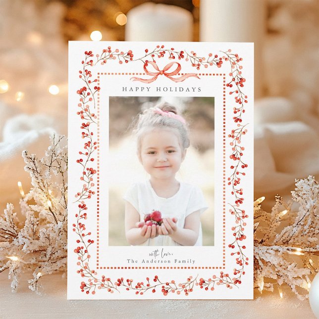 Watercolor Red Berry Frame Photo Christmas Holiday Card (Creator Uploaded)