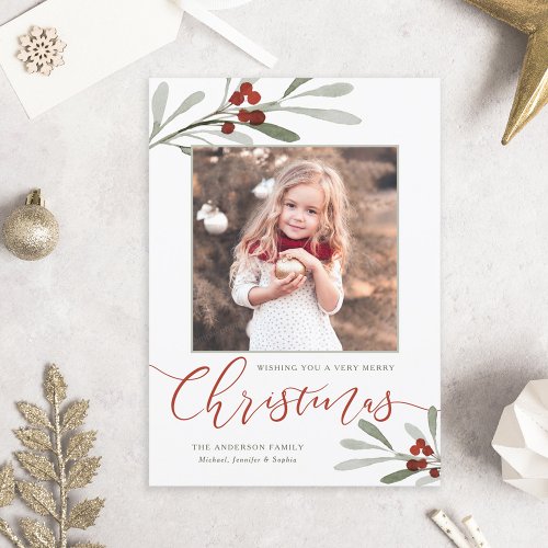 Watercolor Red Berry Greenery Christmas Photo Holiday Card