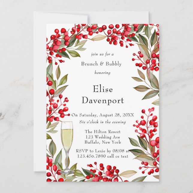Watercolor Red Berry Wreath Brunch & Bubbly Invitation (Front)