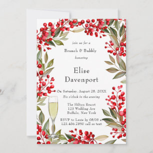Watercolor Red Berry Wreath Brunch & Bubbly Invitation
