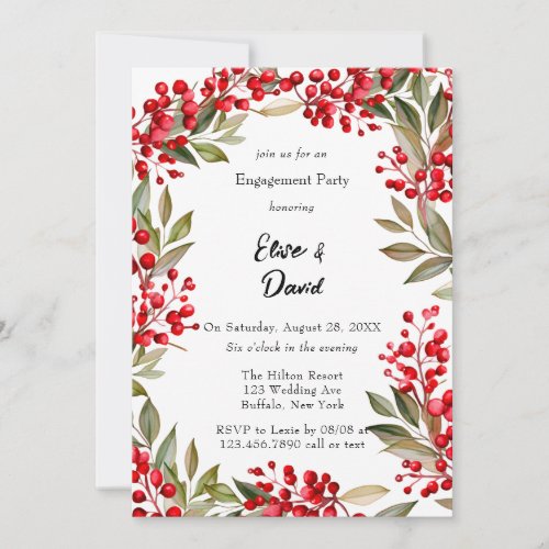 Watercolor Red Berry Wreath Engagement Party Invitation