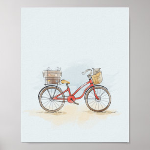Watercolor Red Bike and Cat Poster