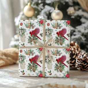Watercolor Red Bird and Winter Greenery Christmas Wrapping Paper
