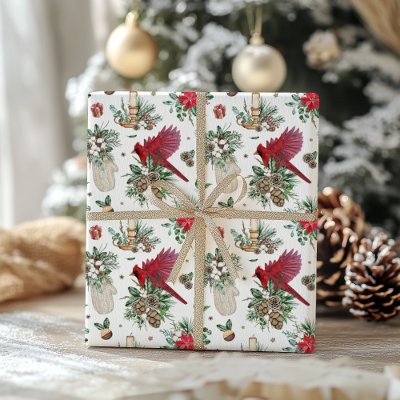 Watercolor Red Bird and Winter Greenery Christmas  Wrapping Paper