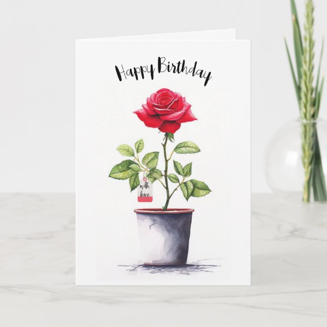 Watercolor Red Birthday Rose Card (Front)